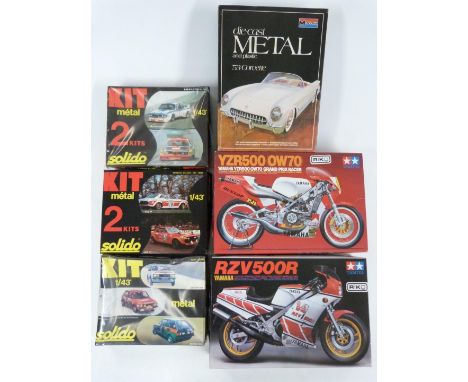 Six model vehicle kits comprising three Solido 1:43 scale metal cars, Monogram 1:24 scale 53 Corvette and two Tamiya 1:12 sca