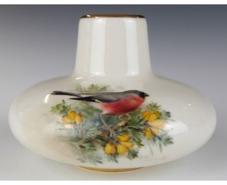 Royal Worcester porcelain squat pedestal vase decorated with a bullfinch, signed H Powell, H7cm