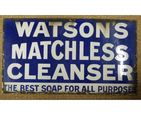 Watson's Matchless Cleanser vintage enamel advertising sign, 46 x 81cm