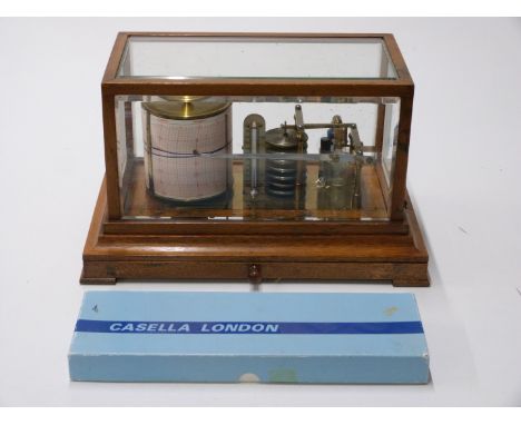 Oak cased barograph, with thermometer, under hinged bevelled glass cover with drawer below, W 36 x D 22 x H21cm