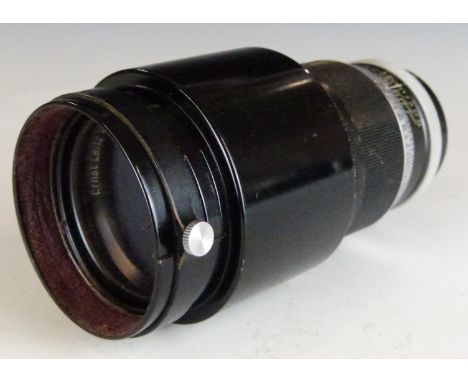 Leitz Telyt f=20cm 1:4.5 camera lens having Leica type screw mount, with rear cover and lens hood