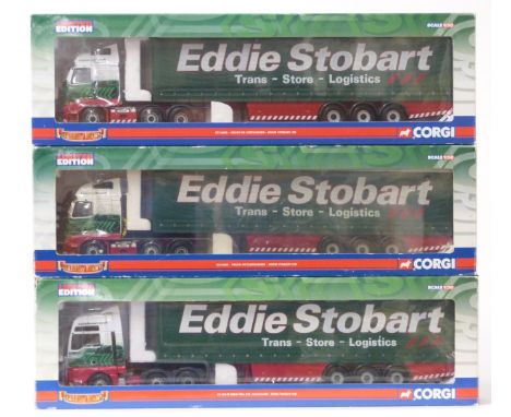 Three Corgi Hauliers of Renown Eddie Stobart 1:50 scale limited edition diecast model lorries, two Volvo FH Curtainside CC140