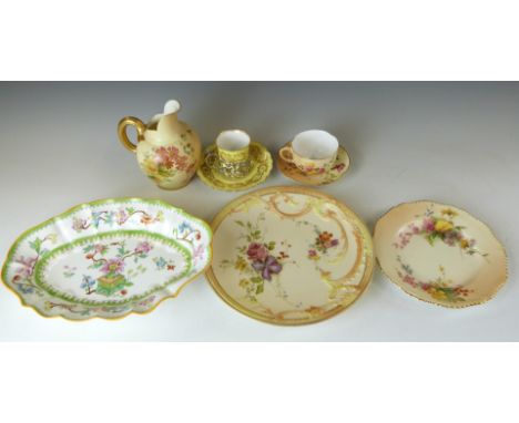 Royal Worcester blush ivory jug, cup and saucer, coffee can &amp; saucer, the can with hallmarked silver holder, relief mould