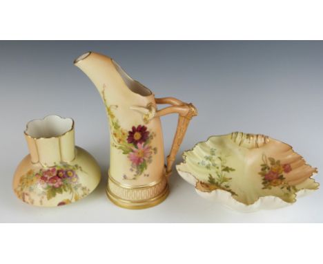 Three pieces of Royal Worcester blush ivory porcelain including a tusk vase, tallest 15.5cm&nbsp;