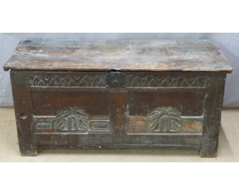 17th/18thC carved oak trunk, W110 x D47 x H52cm