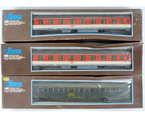 Three Lima 0 gauge model railway continental passenger coaches including SNCF and DB, all in original boxes.