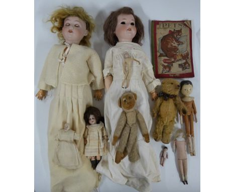 Five German and other bisque headed dolls including Armand Marseille, Heubach and miniature examples together with two Teddy 