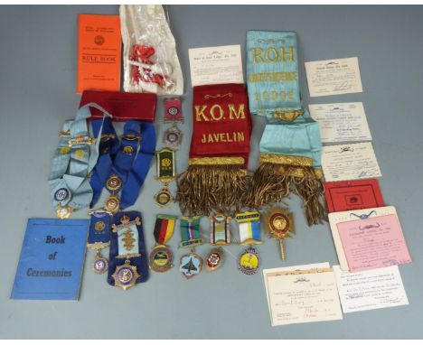 A collection of RAOB jewels, aprons and ephemera including hallmarked silver and enamel examples, Malaya/ Malaysia, German an