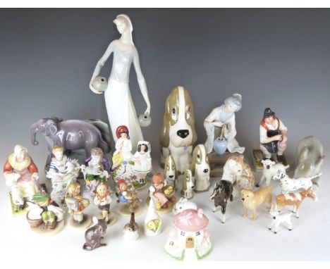 A large collection of ceramic figures including Staffordshire, Lladro, Goebel Hummels, Beswick, graduated Szeiler dogs, Sitze