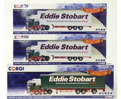 Three Corgi Hauliers of Renown Eddie Stobart 1:50 scale limited edition diecast model Scania R Facelift lorries, two CC13754 