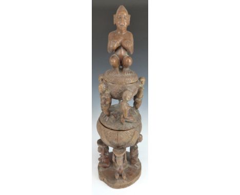 African tribal Yoruba carved&nbsp;figural ceremonial double vessel with male and female supports and female fertility figure 