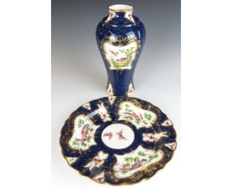 Royal Worcester blue scale vase and cabinet plate with hand decoration of birds of paradise and butterflies, shape no 2461, t