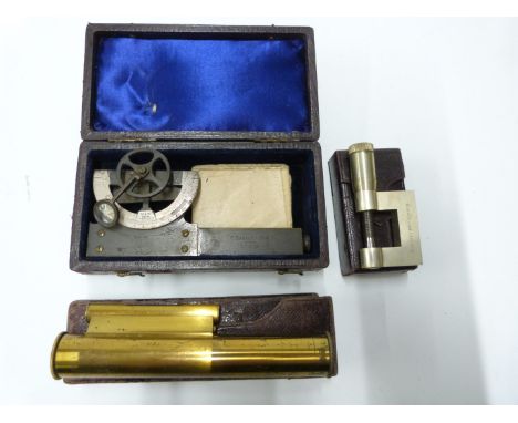F.Barker &amp; Son clinometer, Elliott Brothers micrometer and an Elliott Brothers surveyor's pocket level, all in original b