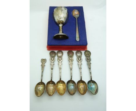 Five Chinese white metal tea spoons and a Chinese white egg cup and spoon set&nbsp;