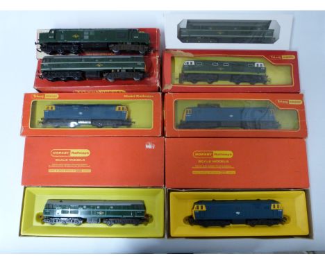 Eight Hornby and Tri-ang Hornby 00 gauge model railway diesel locomotives including HYMEK, AIA-AIA, CO-CO etc, all in boxes.&