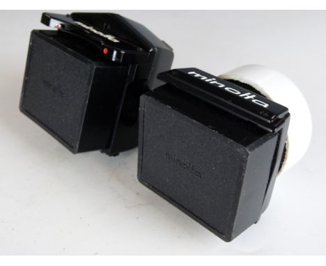 Two Minolta SLR camera viewfinders to suit XM or similar, one with vertical eyepiece