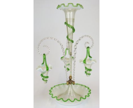 19thC Stourbridge or similar green glass epergne with hanging baskets and central trumpet, 57cm tall.&nbsp;