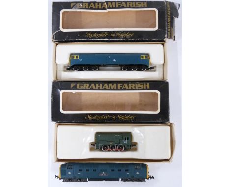 Three Graham Farish N gauge model railway diesel locomotives comprising Class 08, Class 47 and Class 55, two in original boxe
