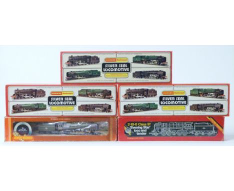 Five Hornby 00 gauge model railway BR locomotives Evening Star R.065 and R.861, Morning Star R.033, Black Five R.859 and Oliv