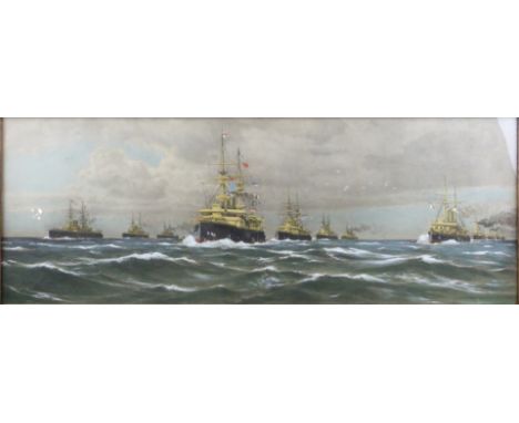 Early 20thC naval print, in period frame, overall size 49 x 105cm