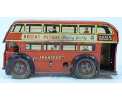 Brimtoy clockwork tinplate London double decker bus with 'Transport', 'Regent Petrol' and 'Sterling Rd Walthamstow' lithograp