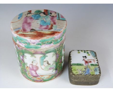 A 19th/20thC Canton Chinese covered canister / caddy and a make up box with mirror, H9, diameter 8cm&nbsp;