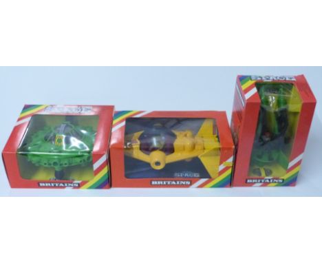 Three Britains Space model vehicles Stargard Space Craft 9110, Alien Spaceship 9120 and Alien Space Grabs 9127, all in origin