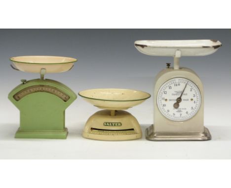 Six sets of Salter kitchen or similar scales comprising No 33 green Art Deco example, No 30C, No 330, Salter's Improved Famil