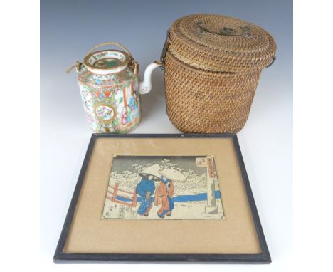 Chinese Canton ware teapot in basket and a Japanese print