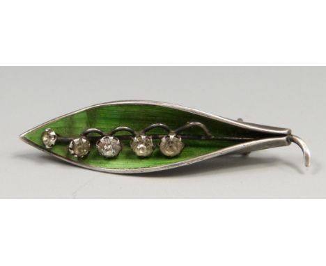 Art Nouveau hallmarked silver and green enamel brooch formed as a leaf set with paste stones, Birmingham 1918, maker&nbsp;Art