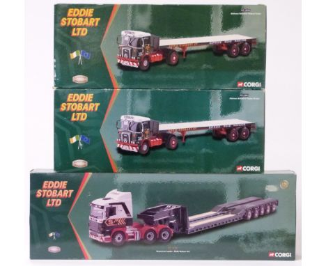 Three Corgi Eddie Stobart 1:50 scale limited edition diecast model lorries, two Atkinson Borderer Flatbed Trailer CC12502 and