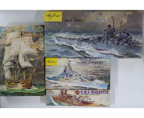 Four plastic model ship kits Heller Jean Bart, Royal Louis and Colbert and Airfix 1:1600 scale HMS Warspite, all in original 