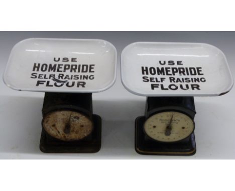 Two sets of Homepride advertising scales, with enamel pan reading 'use Homepride self raising flour' and with Homepride to di