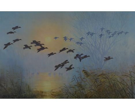 Peter Scott (1909-1989) signed limited (to 850) edition print teal coming to the pool by the willow on a misty morning, 38 x 