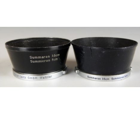 Two Leitz Summaron 3.5cm Summicron 5cm camera lens hoods to suit Leica cameras