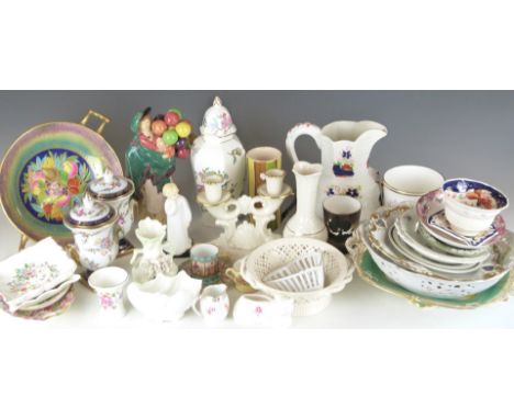 A collection of ceramics including Royal Doulton figure, Belleek, Lenox, Foley, Minton, 19thC comport, Aynsley, Gaudy Welsh j