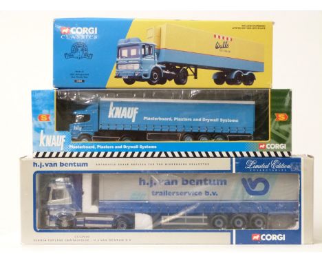 Three Corgi and Corgi Classics diecast model lorries H J Van Bentum Scania Topline Curtainside CC12910, Knauf Scania Curtains