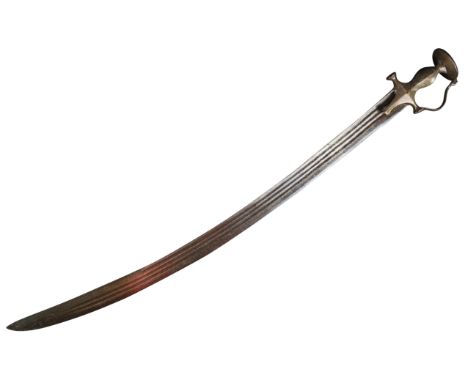 An 18th Century North Indian Tulwar&nbsp;( Talwaar / Talwar ) sword. Disc shaped pommel with ball finial, swollen grip and kn