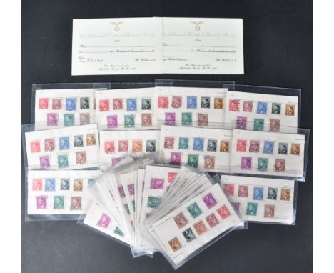 A collection of WWII Second World War Third Reich Nazi German postage stamps along with x2 blank dinner invitation cards. All