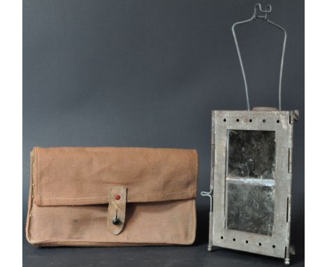 A WWI First World War French Army folding trench / bunker lantern. Triangular cross sections with x2 sides having celluloid w