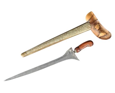 A 19th Century Indonesian Kris knife / dagger with carved wooden pommel and straight Damascus blade. The blade housed within 