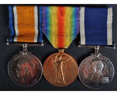 An original WWI First World War British medal trio group awarded to one 247600 R. J Wyatt 1 WR Royal Navy comprising his Brit