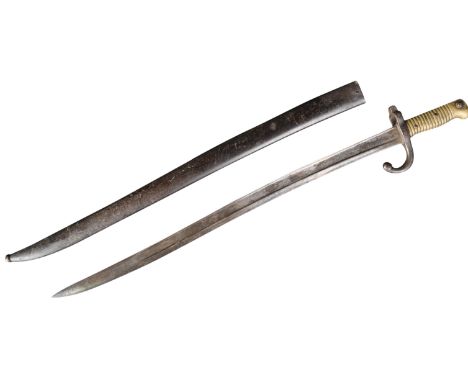 A 19th Century French 1866 pattern ' Chassepot ' rifle bayonet. The bayonet having ribbed brass hilt, muzzle ring and forward