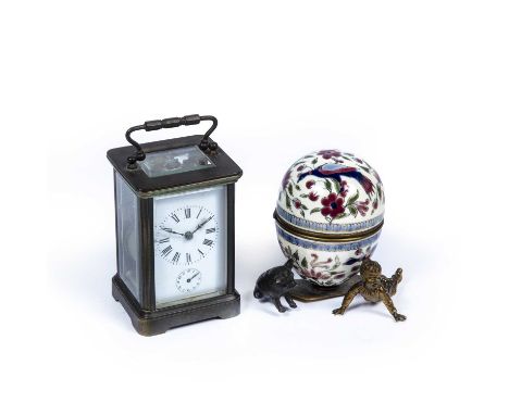 Group of itemsto include a Zsolnay pecs lidded object decorated with peacocks and flowers, mounted with a metal base with pig