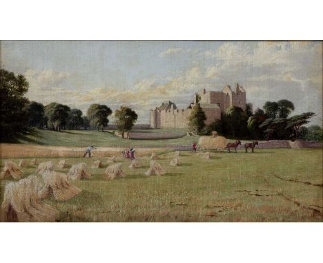 Scottish SchoolCraigmiller Castle, Edinburgh, with haymakers to the foreground, oil on canvas laid on board, 32.5cm x 57cmIn 