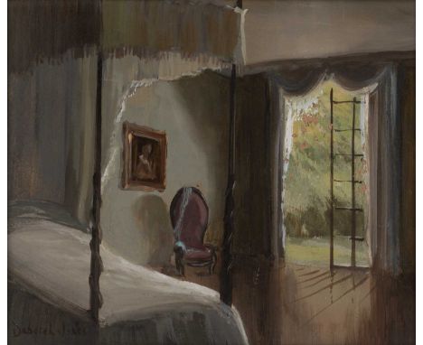 Deborah Jones (1921-2012) 'The garden room', oil on panel, signed lower left, 17cm x 20cmProvenance: Notes to the reverse of 