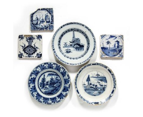 Collection of Delftware consisting of Three Delftware plates, all unmarked with varying decoration, the wide blue border exam