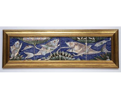 After William De Morgan (1839-1917) Set of four fish tiles, reproductions, overall panel measures 60cm x 14cm in gilt framePl