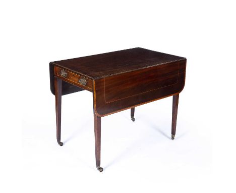 Mahogany and satinwood pembroke table19th Century, on tapering supports with brass castors, 91cm width x 106cm deep with leaf
