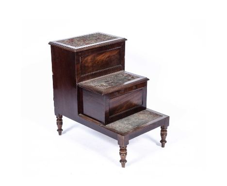 Mahogany step commode19th Century, with two lift up steps, 45cm wide x 69cm highOriginal carpet upholstery needs replacing.